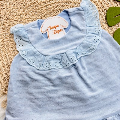 Vestido em Linho com Babado em Lese - Azul Claro